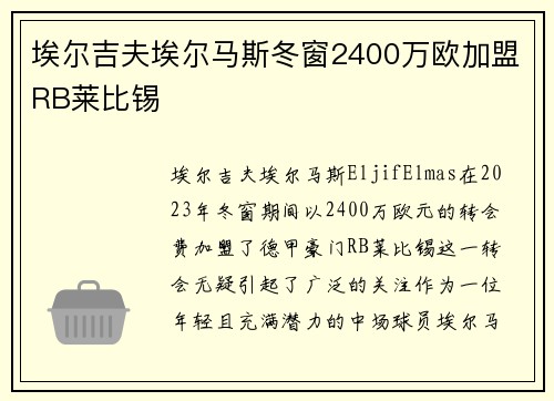 埃尔吉夫埃尔马斯冬窗2400万欧加盟RB莱比锡 埃尔吉夫埃尔马斯冬窗2400万欧加盟RB莱比锡